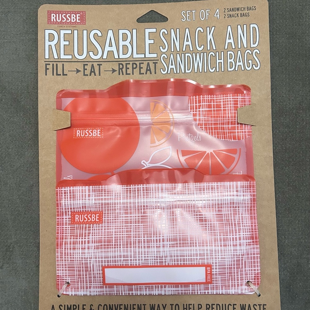 NWT! Russbe Reusable Snack and Sandwich Bags - orange design